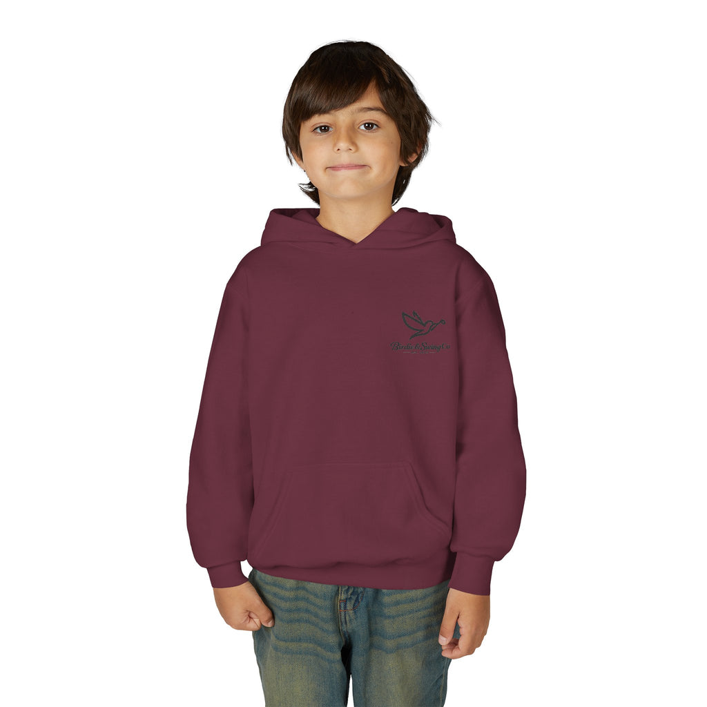 Youth Hoodie — Minimal Dove Logo "Wild & Free" Chest Print