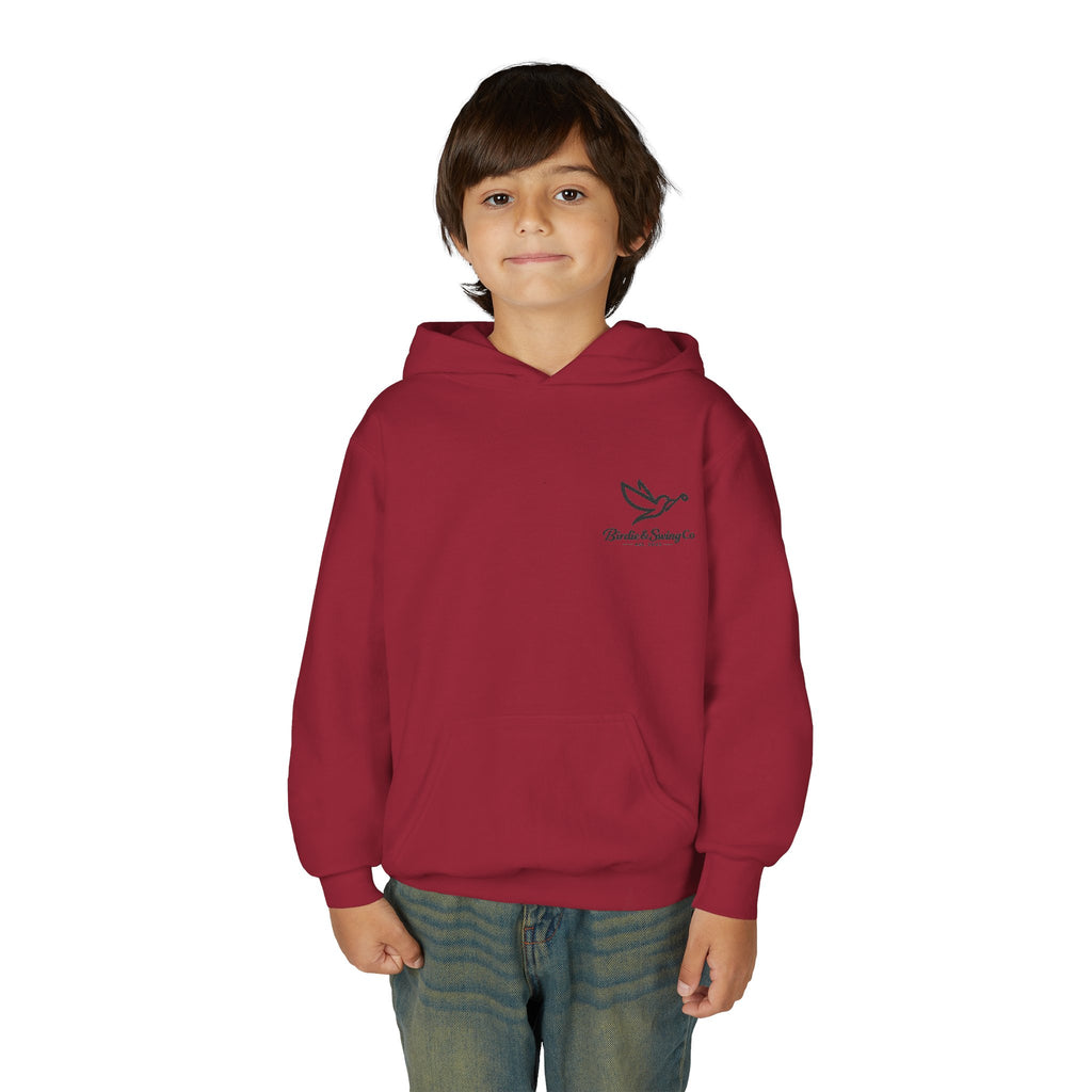Youth Hoodie — Minimal Dove Logo "Wild & Free" Chest Print